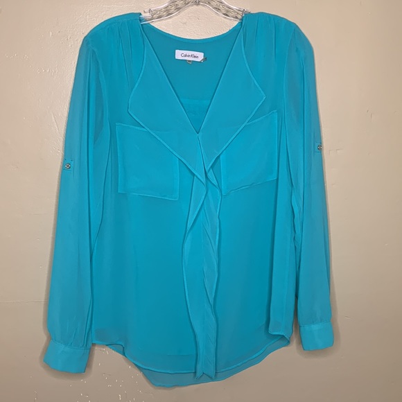 CALVIN KLEIN Blouse Aqua Blue Georgette Fabric Popover V-Neck Ruffle Center XS - Picture 1 of 15